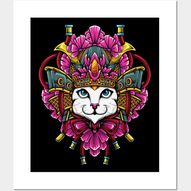 White Cat with Pink Flowery Japanese Headdress Wall Art by IMBAKID